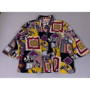 Joanna Blouse Plus Womens 3X Button Down Multicolor Geometric Floral Art To Wear